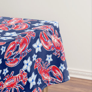 Preppy Lobster Flower Red Navy Pattern Tablecloth