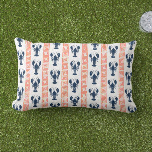 Preppy Lobster Greek Key - Coral & Navy Monogram Lumbar Cushion