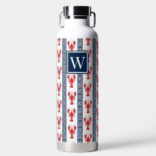 Preppy Lobster - Greek Key Red & Navy Monogram Water Bottle