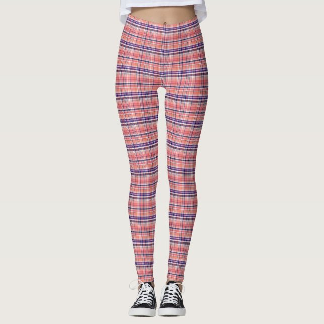 Preppy Lt Coral Wht Navy Blue Plaid Madras Tartan Leggings (Front)
