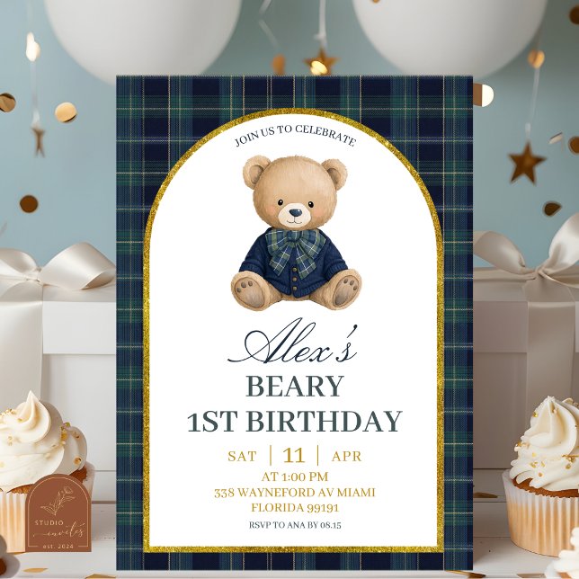Preppy Luxury Beary 1st Birthday Invitation (Creator Uploaded)