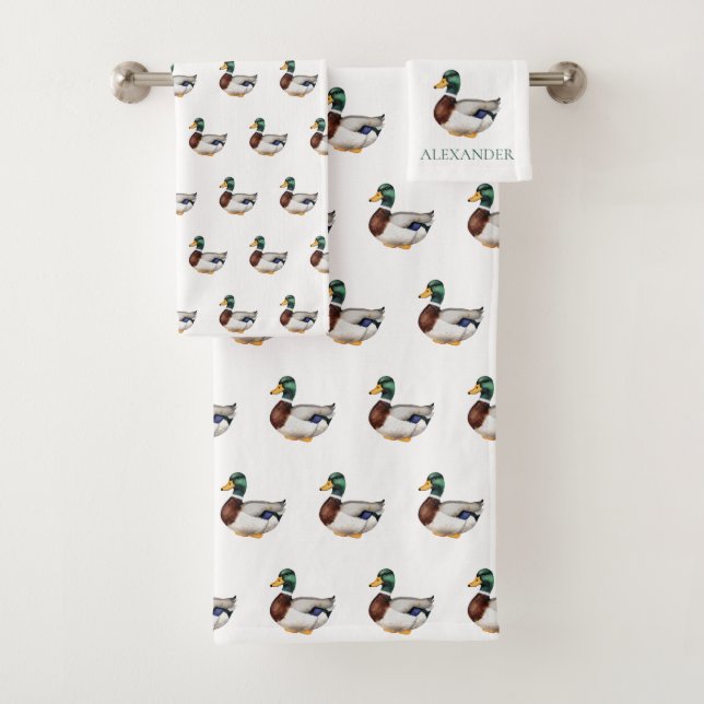 Preppy Mallard Duck Personalised Bath Towel Set (Insitu)