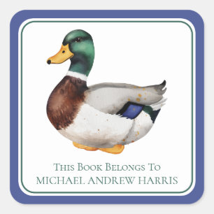 Preppy Mallard Duck Personalised Bookplate Square Sticker
