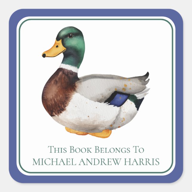 Preppy Mallard Duck Personalised Bookplate Square Sticker (Front)