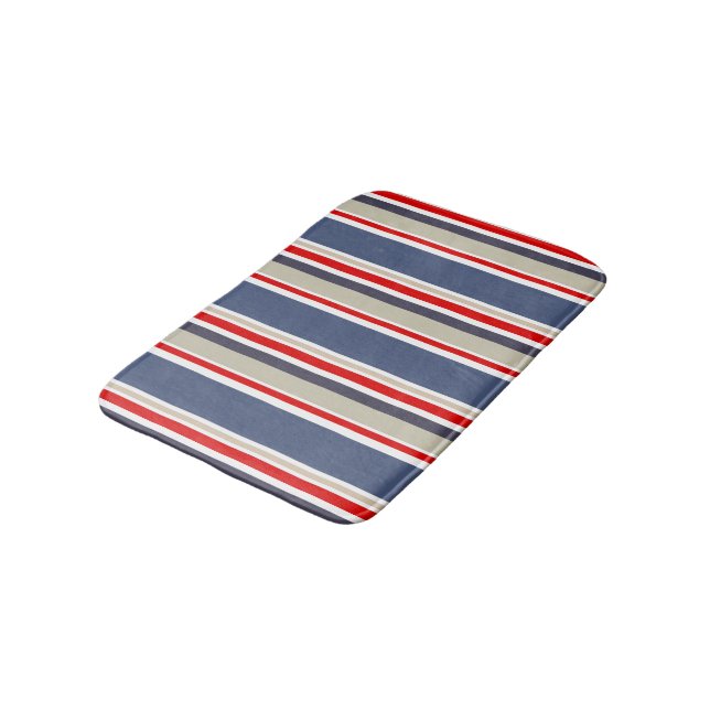 Preppy Maritime Stripe Red White Blue Grey Beige Bath Mat (Angled)