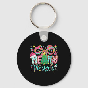 Preppy Merry Christmas Coquette Bow Pink Christmas Key Ring
