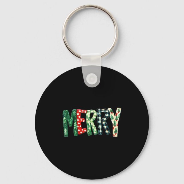Preppy Merry,christmas Funny Froral Checkered Gift Key Ring (Front)