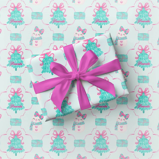 Preppy Mint Girly Christmas Gift Wrap Pink Bow (Creator Uploaded)