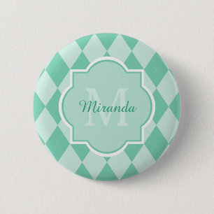 Preppy Mint Green Argyle Girly Monogram and Name 6 Cm Round Badge