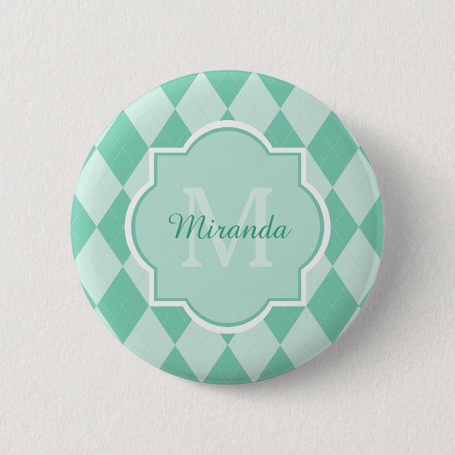 Preppy Mint Green Argyle Girly Monogram and Name 6 Cm Round Badge (Front)
