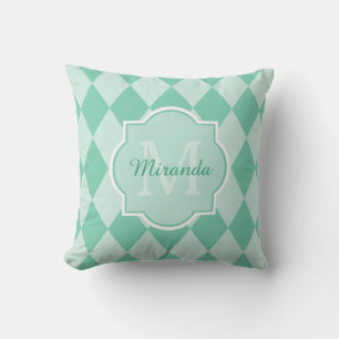 Preppy Mint Green Argyle Girly Monogram and Name Cushion