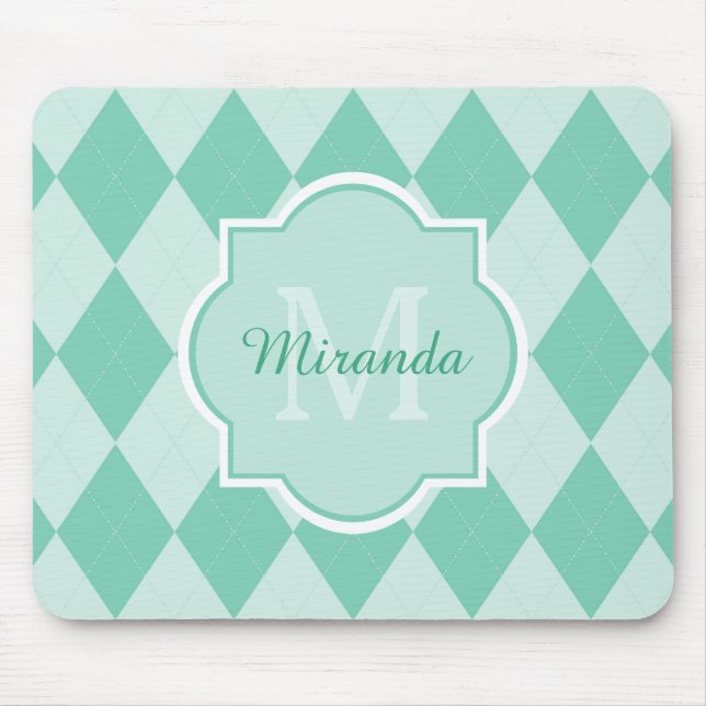 Preppy Mint Green Argyle Girly Monogram and Name Mouse Pad (Front)