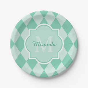 Preppy Mint Green Argyle Girly Monogram and Name Paper Plate