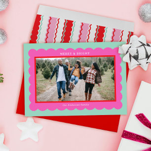 Preppy Mint Pink Red Simple Scallop Photo Frame Holiday Card
