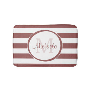 Preppy Monogram and Broad Rosy Brown Stripes Bath Mat