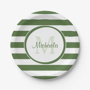 Preppy Monogram and Chunky Treetop Green Stripes Paper Plate