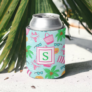 Preppy Monogram Beach Bikini Towel Palm Tree Towel Can Cooler