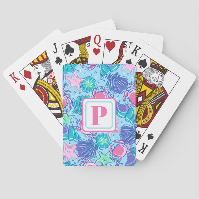 Preppy Monogram Beach Shell Crab Playing Cards (Back)