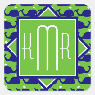 Preppy Monogram   Blue & Green Whales Square Sticker