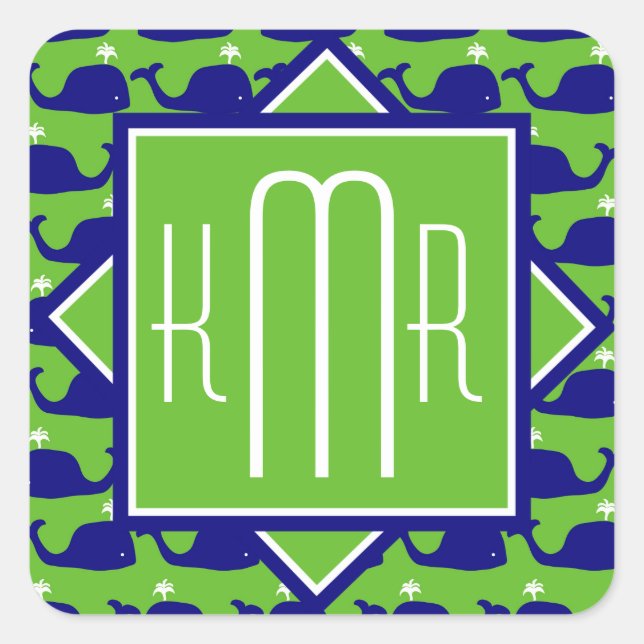 Preppy Monogram | Blue & Green Whales Square Sticker (Front)