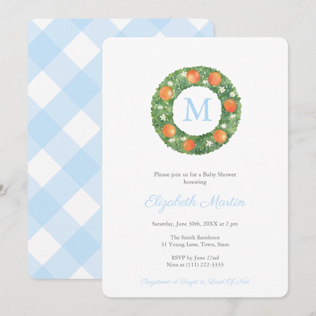 Preppy Monogram Boxwood Wreath Baby Shower Party Invitation (Front/Back)