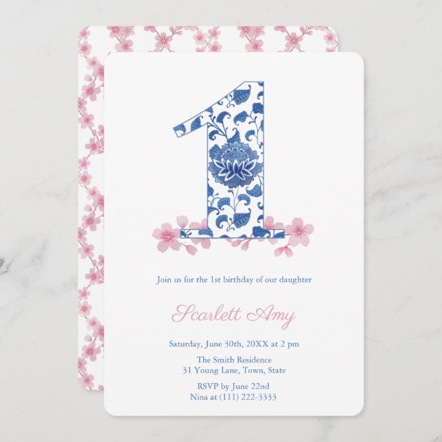 Preppy Monogram Girl 1st Birthday Party Invitation (Front/Back)