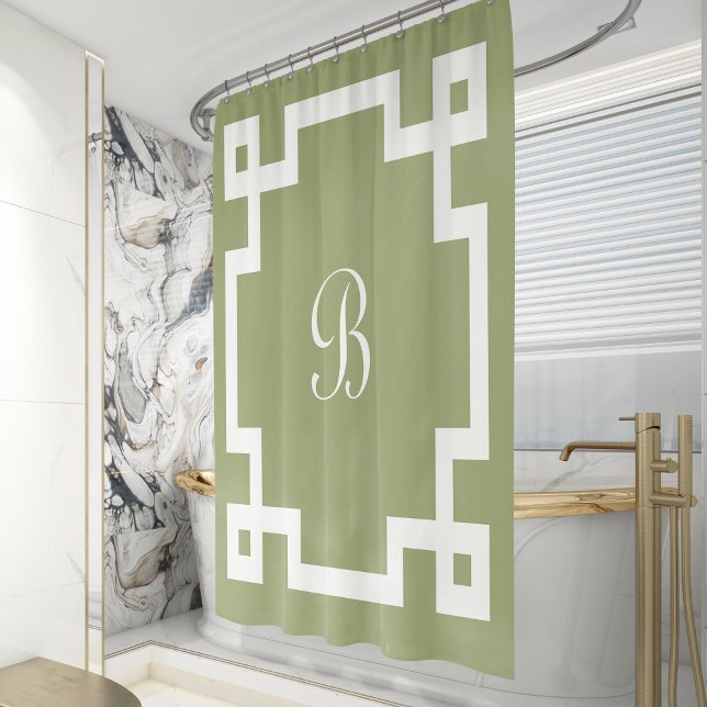 Preppy Monogram Greek Key Border Thyme Green Shower Curtain (Creator Uploaded)