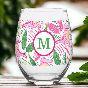 Preppy Monogram Pink Alligator Wine  Stemless Wine Glass