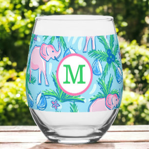 Preppy Monogram Pink Elephant Palm Tree  Stemless Wine Glass