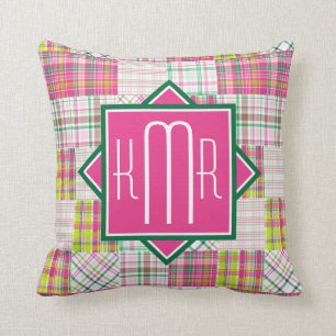 Preppy Monogram   Pink & Green Plaid Cushion