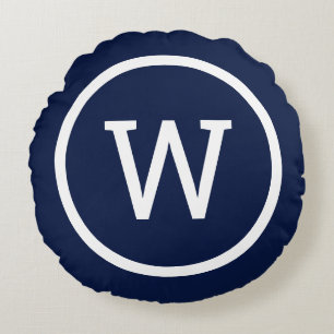 Preppy Monogram Stylish Modern Navy Blue Round Cushion