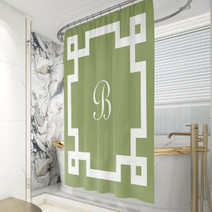 Preppy Monogram White Greek Key Border Moss Green Shower Curtain