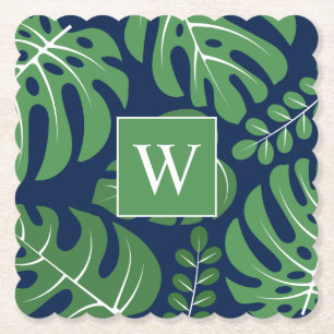 Preppy Monogrammed Monstera Palm Leaf Paper Coaster