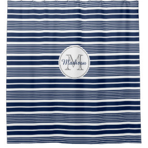 Preppy Monogrammed Navy Blue and White Striped Shower Curtain