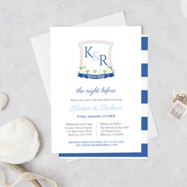 Preppy Nautical Crest Wedding Rehearsal Dinner Invitation (Coastal-inspired White Hydrangeas Monogram Crest wedding rehearsal dinner invitation)