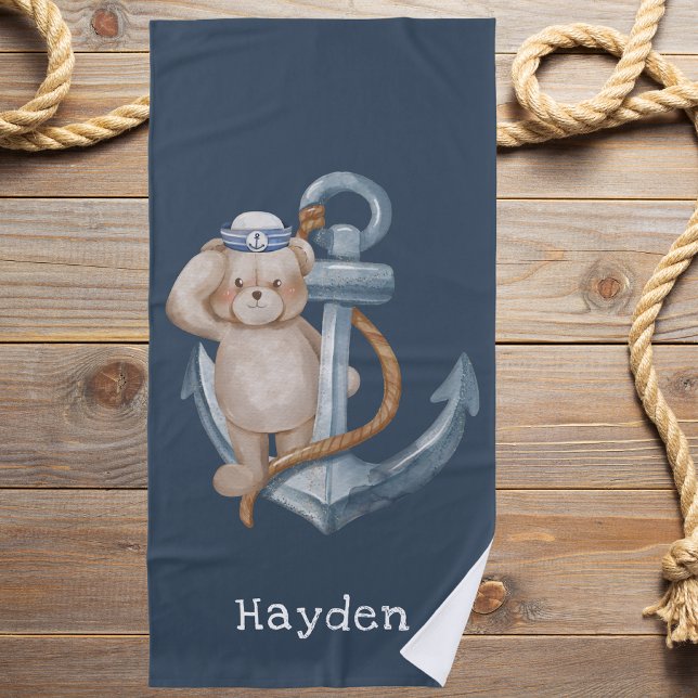 Preppy Nautical Cute Bear Boys Beach Towel (Creator Uploaded)