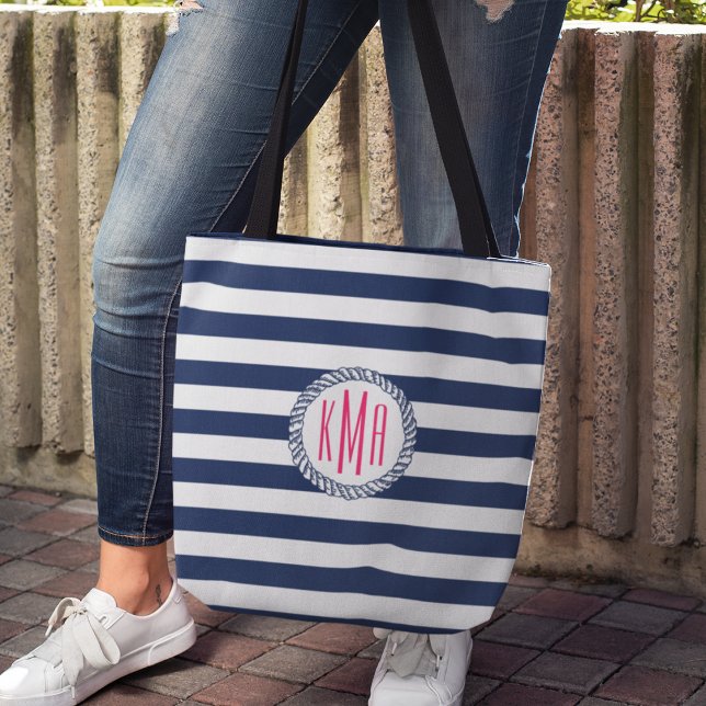 Preppy Nautical Navy Stripe and Pink Monogram Tote Bag (Creator Uploaded)