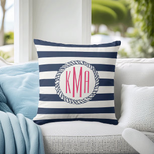 Preppy Nautical Navy & White Stripe Pink Monogram Cushion