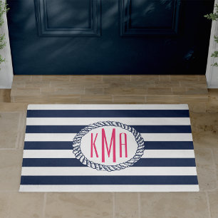 Preppy Nautical Navy & White Stripe Pink Monogram Doormat