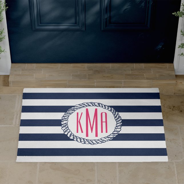 Preppy Nautical Navy & White Stripe Pink Monogram Doormat (Creator Uploaded)