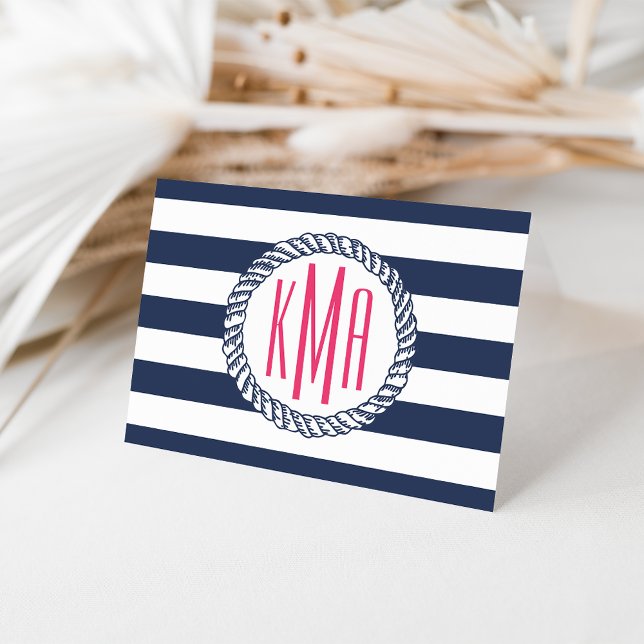 Preppy Nautical Navy & White Stripe Pink Monogram Note Card (Creator Uploaded)