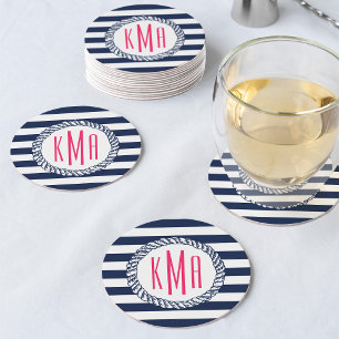 Preppy Nautical Navy & White Stripe Pink Monogram Round Paper Coaster