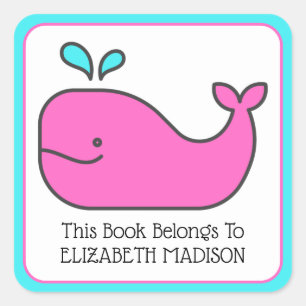 Preppy Nautical Pink and Aqua Whale Bookplate Square Sticker