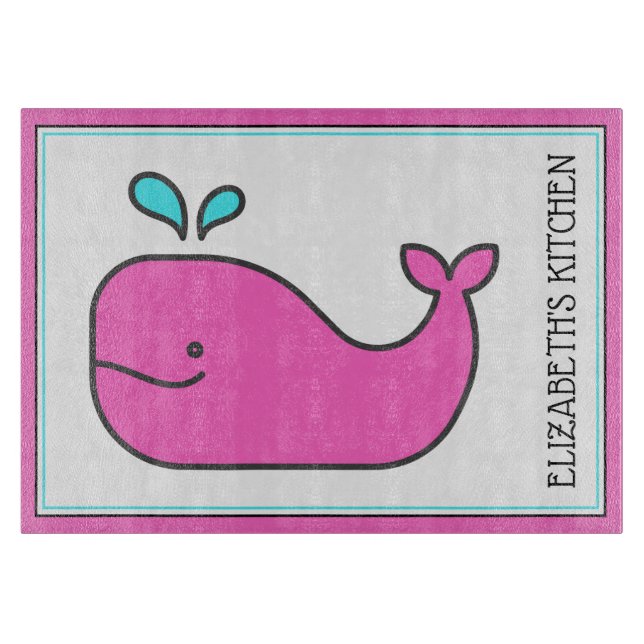 Preppy Nautical Pink and Aqua Whale Personalised Cutting Board (Front)