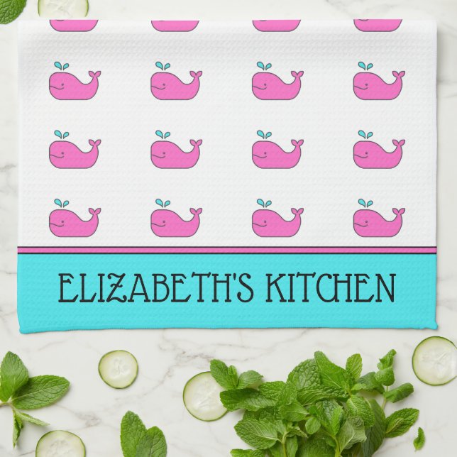 Preppy Nautical Pink and Aqua Whale Personalised Tea Towel (Folded)