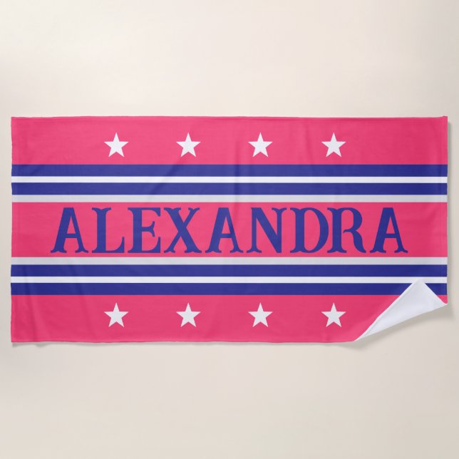 Preppy Nautical Pink and Navy Custom Beach Towel (Front)