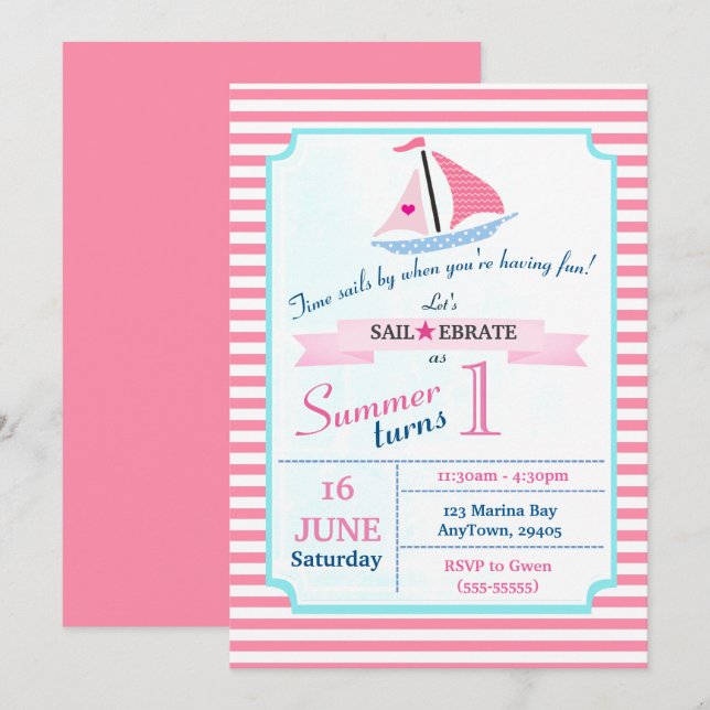 Preppy Nautical Pink Sail Away Birthday for Girl Invitation (Front/Back)