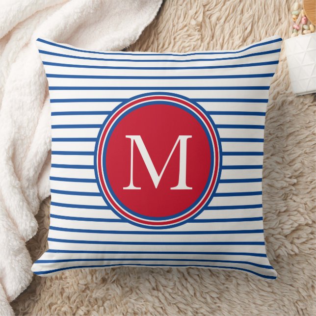 Preppy Nautical Red White and Blue Stripe Monogram Cushion (Blanket)