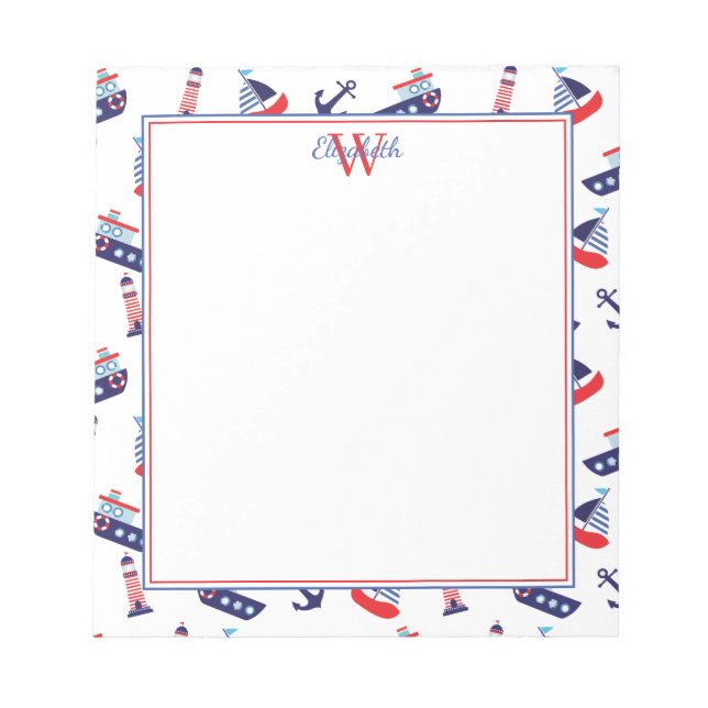 Preppy Nautical Sailboats Monogram Notepad (Front)