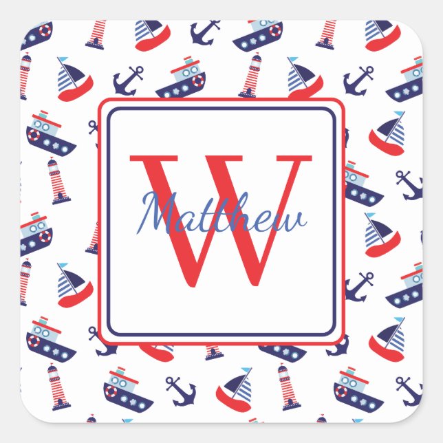 Preppy Nautical Sailboats Monogram Square Sticker (Front)